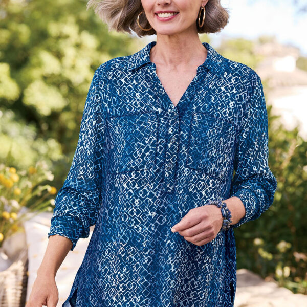 Geo Double Layer Crepe LS Tunic Blouse