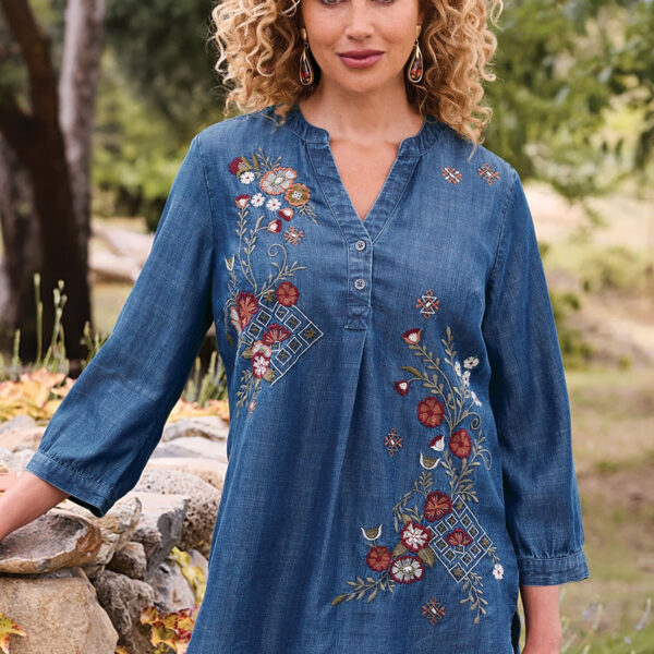 Embroidered TENCEL ¾ Slv Henley Tunic